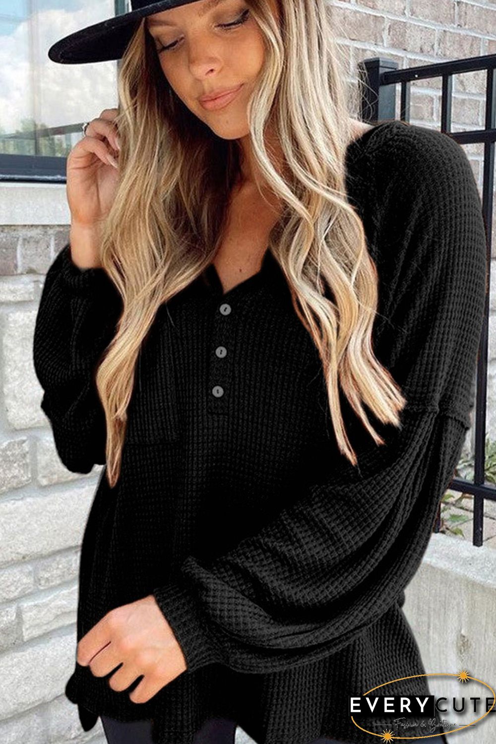 Black Buttoned V Neck Drop Shoulder Waffle Knit Top