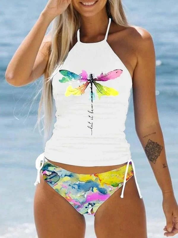 Tie Dye Color Dragonfly Print Bikini Set