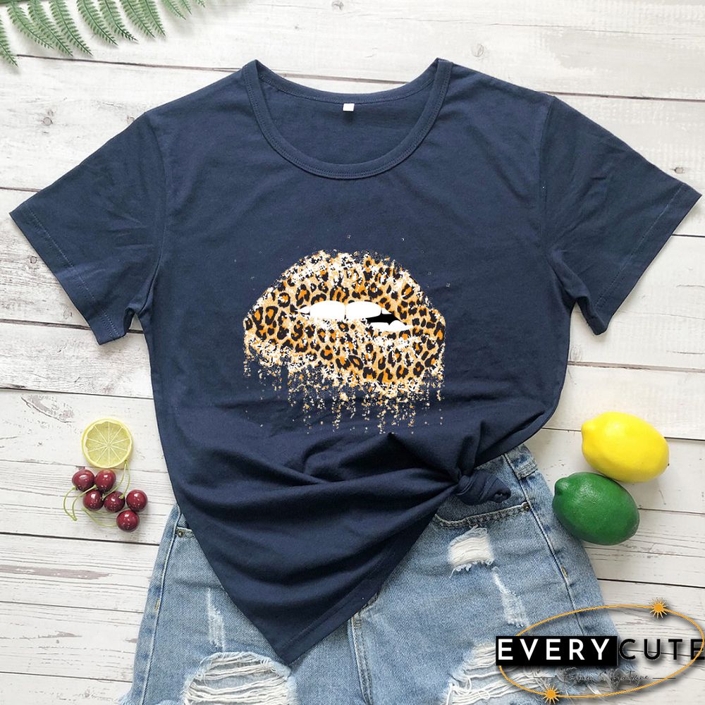 Funny Leopard Lips Dripping T-shirt TrendyPersonalityShirtsWomenFashionCasualPureCottonVintageShirt 90sAesthetic Tee