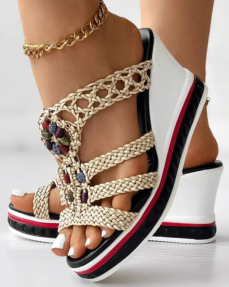Sandals Flip Flops Women Colorful Beaded Braided Wedge Shoes Beads Slippers Platform Summer Shoes Wedges Ladies