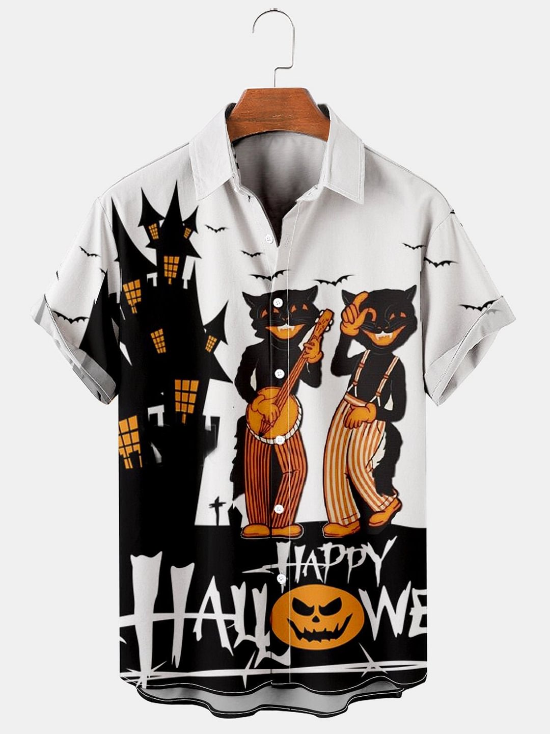 Men's Halloween Castle Music Cat Print Shirt