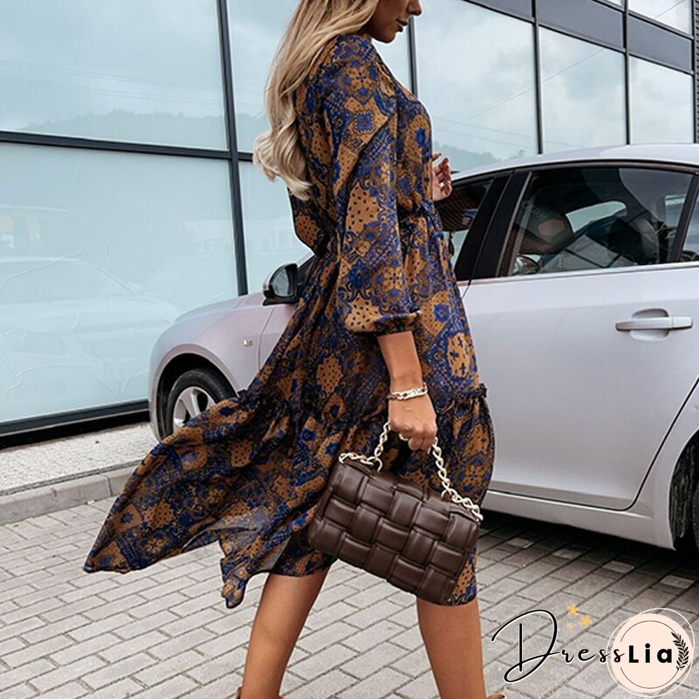 Women Casual Print Long Sleeve Dress Autumn Fashion Irregular Slim Dress Office Lady Elegant Button Ruffle Elastic Waist Dresses