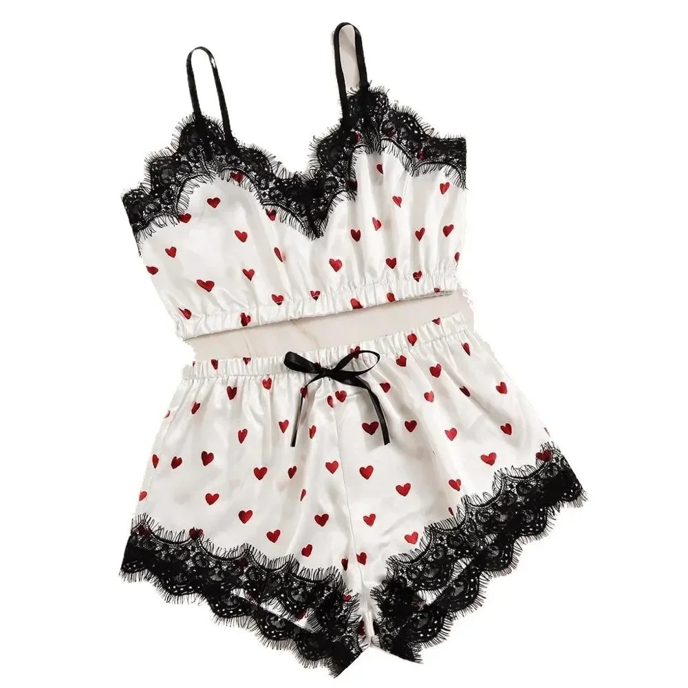 Elinlin 2/3PCS Women Satin Ice Silk Pajama Set Heart Print Lace Sleeping Skirt Seamless Sexy Lingerie Homewear Pajama Short Sleepwear