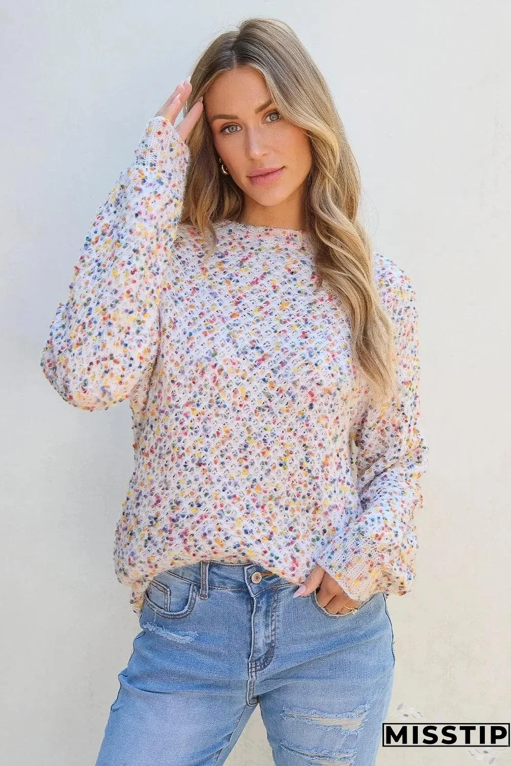 White Confetti Knit Popcorn Sweater Top