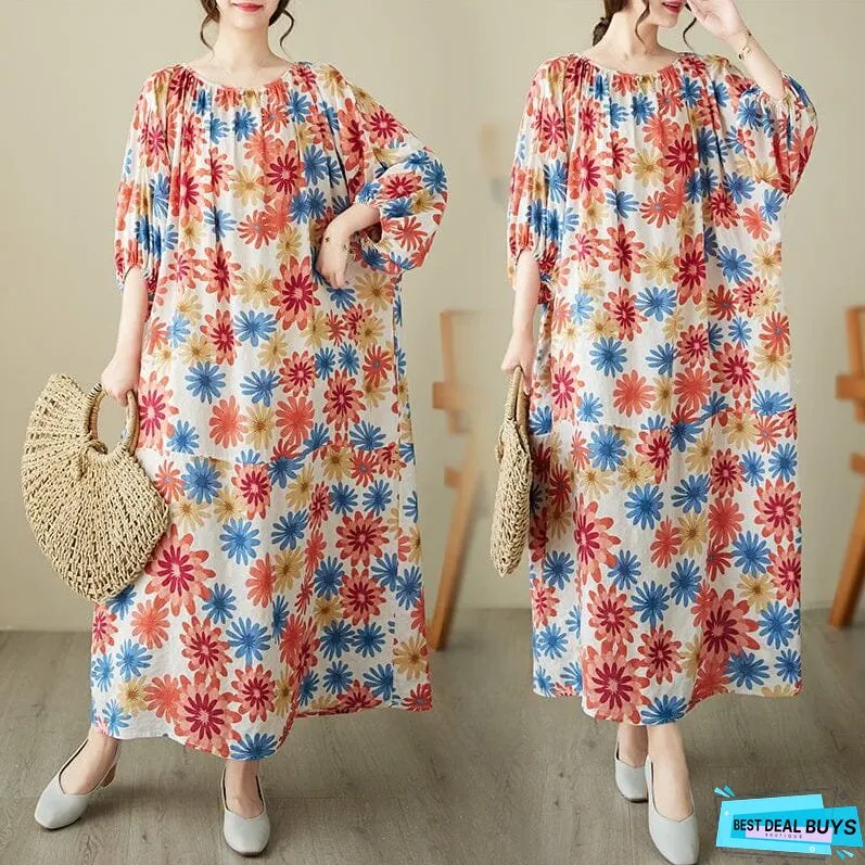 Women Casual Summer Retro Floral Print Dress Half Sleeve