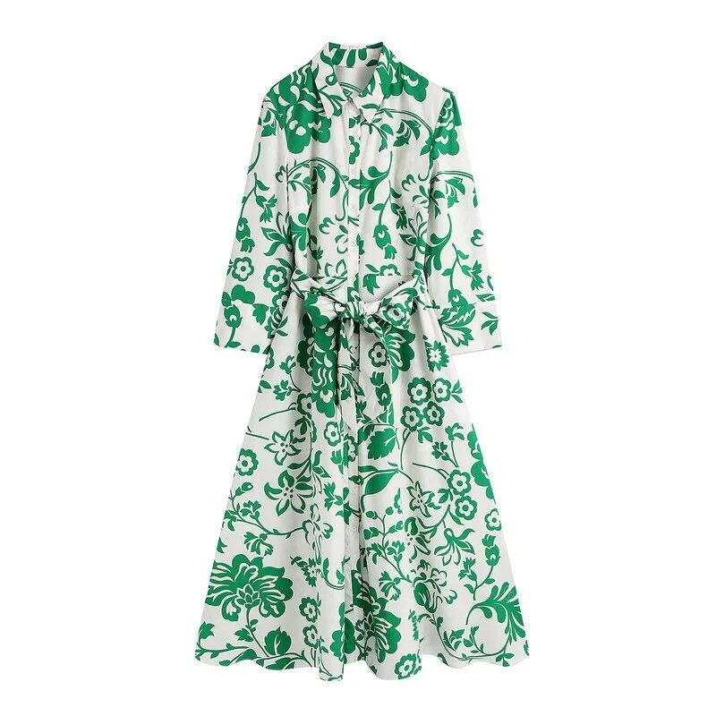 Green Floral Print Shirt Dress Za 2021 Women Long Sleeve Turn Down Collar Sashes Large Casual Midi Dresses Robe Chemise Femme