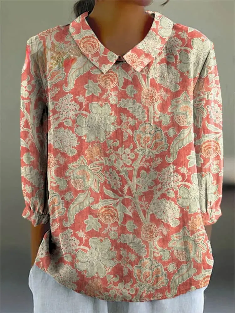 Women's Vintage Lovely Floral Art Print Casual Cotton And Linen 3/4 Sleeve Shirt