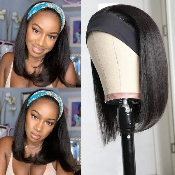 100% Vrigin Human Straight Hair Bob Headband Wigs 