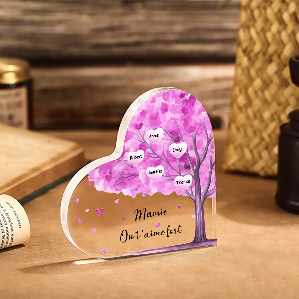 À ma Maman/Mamie - Plaque Acrylique Arbre en Forme de Cœur 5 Prénoms Personnalisés avec 1 Texte