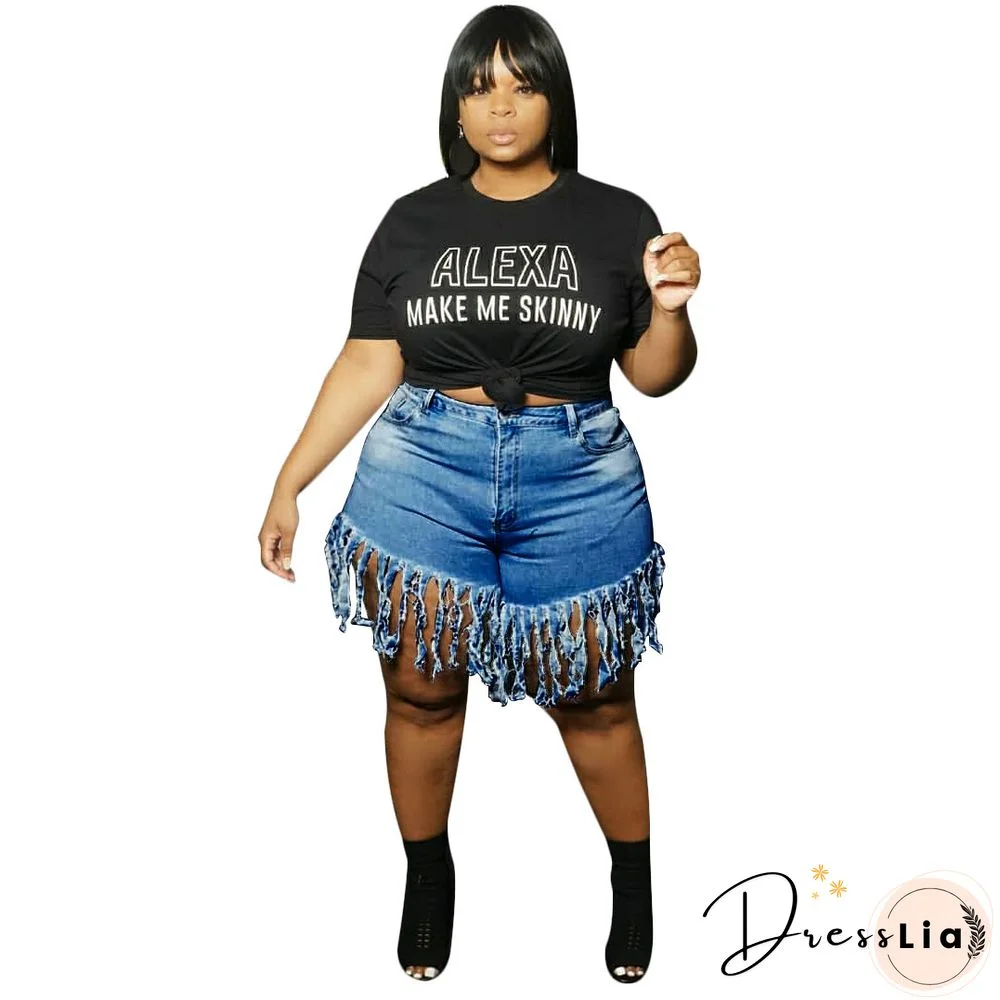 Plus Size Solid Color Autumn Fashion Women's Streetwear High Waist Tassel Jeans Denim Shorts