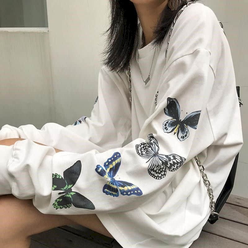 woman tshirts Long-sleeved T-shirt women 2020 autumn new Harajuku style bf style butterfly print Korean student loose  top
