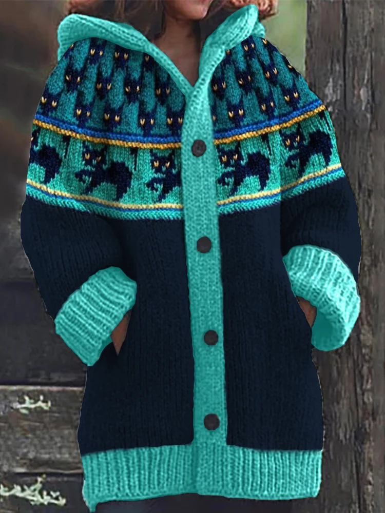 Vintage Black Cats Yoke Contrast Cozy Knit Hooded Cardigan