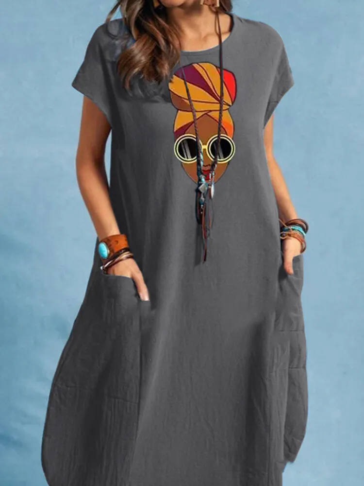 Portrait Print Pocket Short Sleeve Crew Neck Vintage Dress