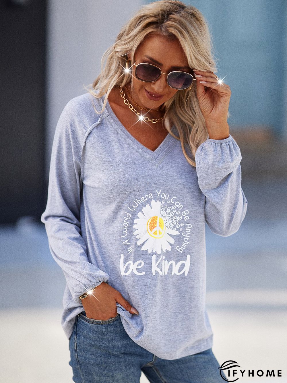Casual V neck Long Sleeve Printed Tunic T-Shirt | IFYHOME