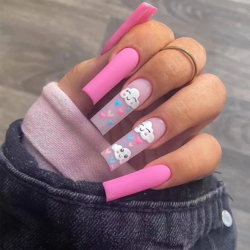 Detachable Pink Cloud Coffin False Nails With Designs Wearable Ballerina Artificial Fake Nails Full Cover Nail Tip Press On Nail