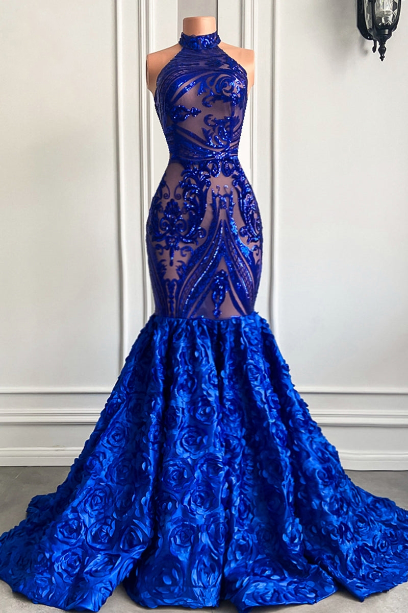 Bellasprom High Neckk Royal Blue Sequins Evening Dress Mermaid With Flowers Bottom Bellasprom