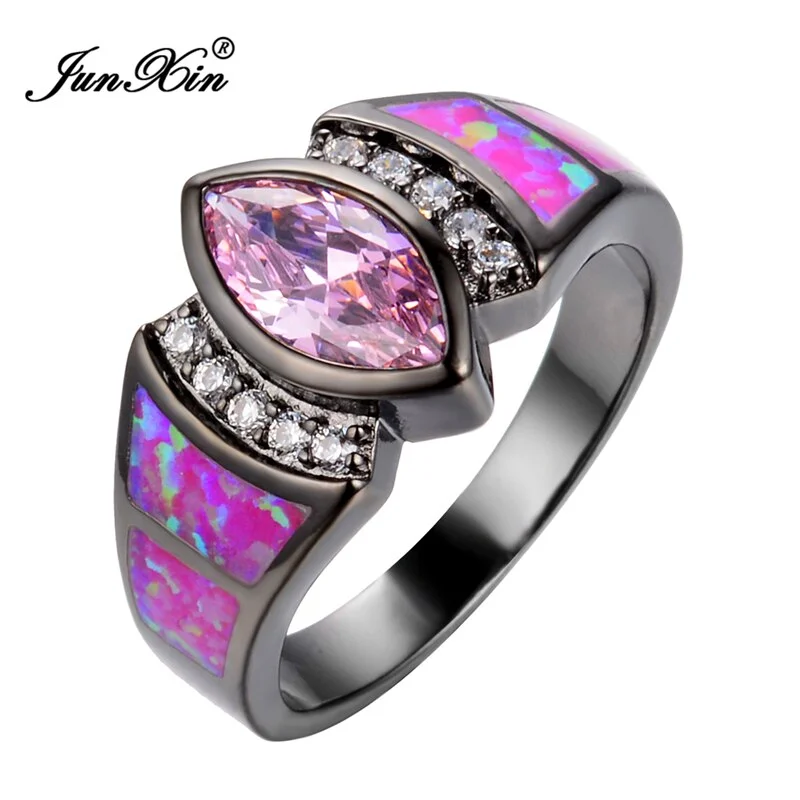 Size 6/7/8/9 Jewelry Women Wedding Hot Pink Opal Rings Colorful CZ 10KT Black Gold Filled Engagement Ring Fashion Style