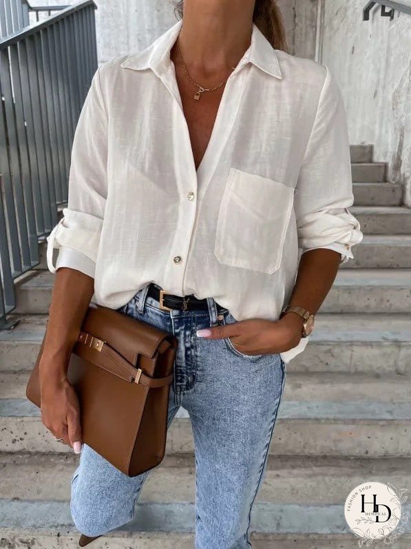 Simple Solid Lapel Button Long Sleeve Blouses