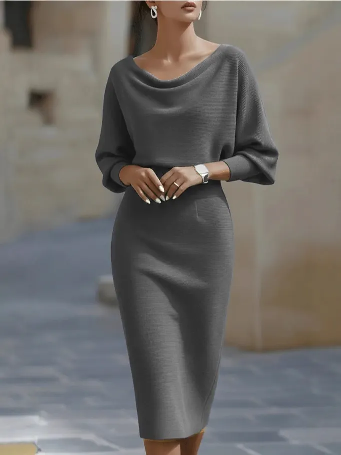 Elegant Temperament Fashionable Bat Sleeve Pure Color Waist-cinching Dress