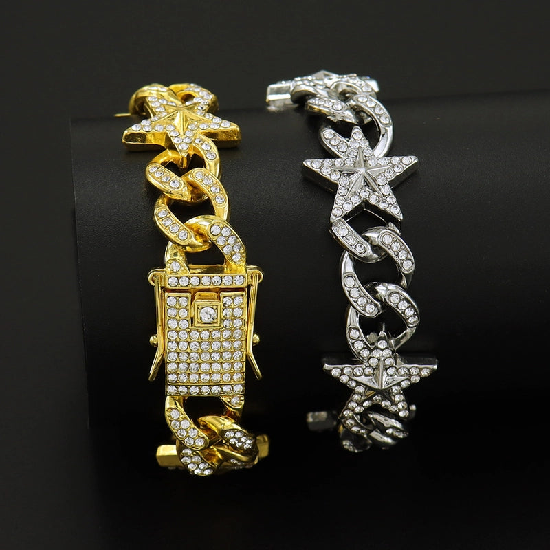 Cool Full Diamond Hip Hop Five-Pointed Star Men’s Brace Lace Bracelet Rap Hip Hop Star Chain Bracelet
