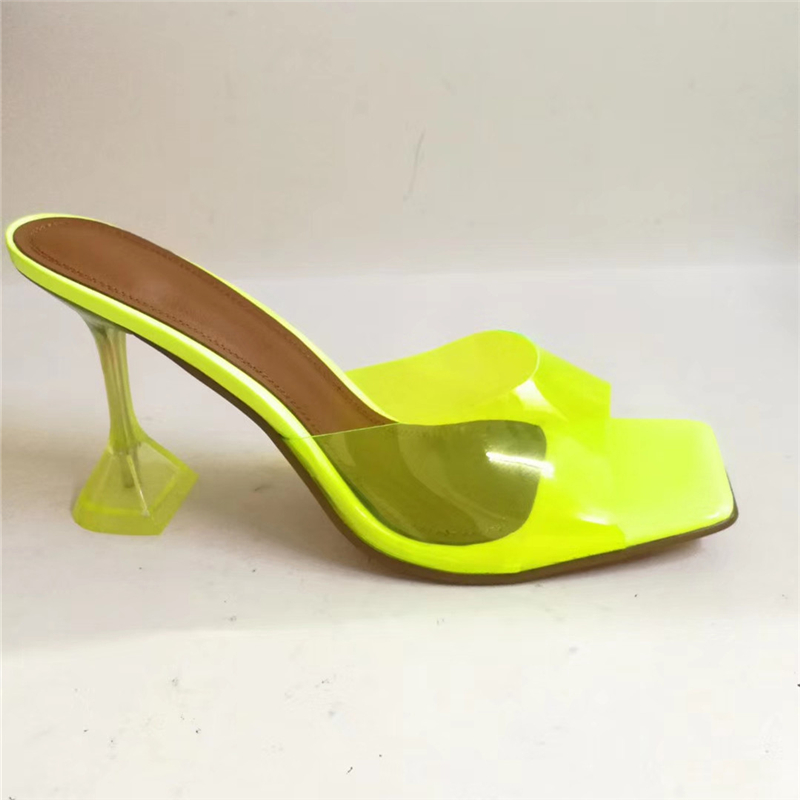 VCSHOES Clear Crystal Goblet Heel Lazyman Mules Lady Square Open Toe Slingbacks PVC Transparent Sandals For Girls Women