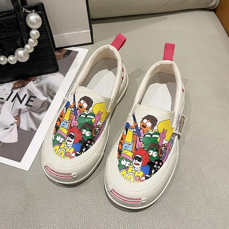 Women Platform Vulcanized Shoes 2024 New Woman Thick Sole Canvas Loafers Fashion Graffiti Sneakers Outdoor Flats Sports Shoes
