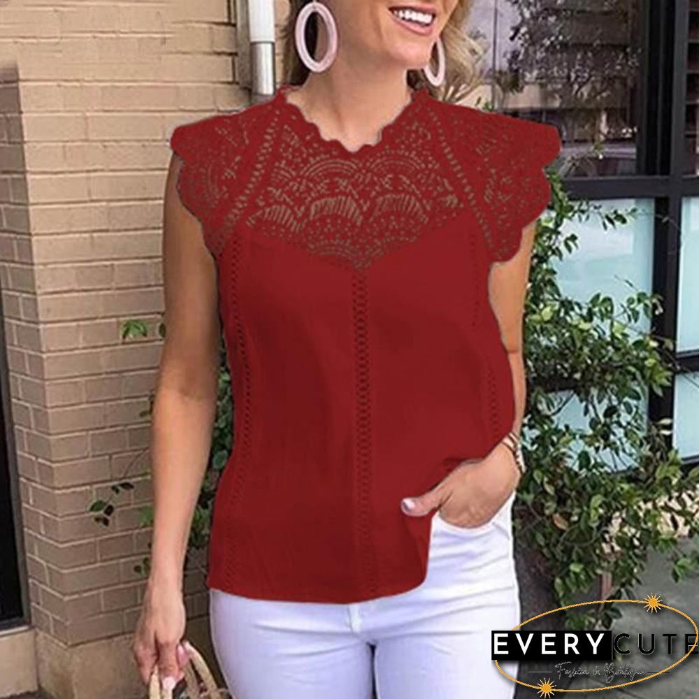 Women Blouse Sexy Sleeveless Lace OL Office Ladies Shirt Hollow Party Tops