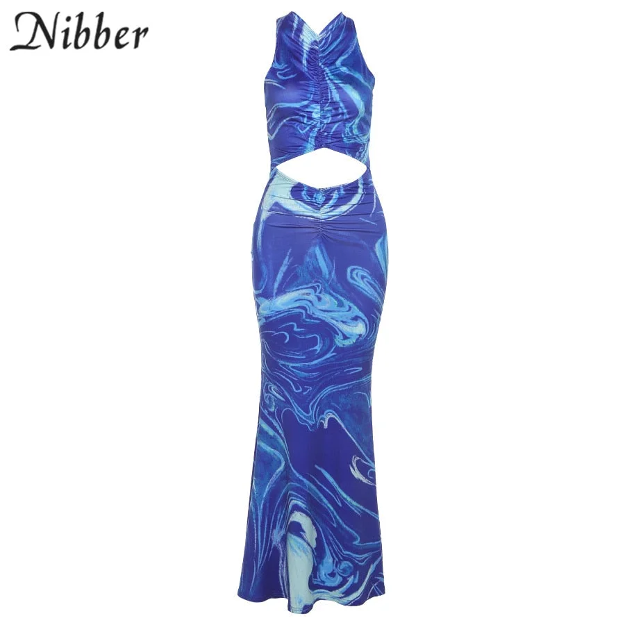 Nibber Y2k Sexy Beach Bodycon Dresses Women  Hollow Out Off Shoulder Backless Print Tie Dye Blue Maxi Dresses 2021 Summer