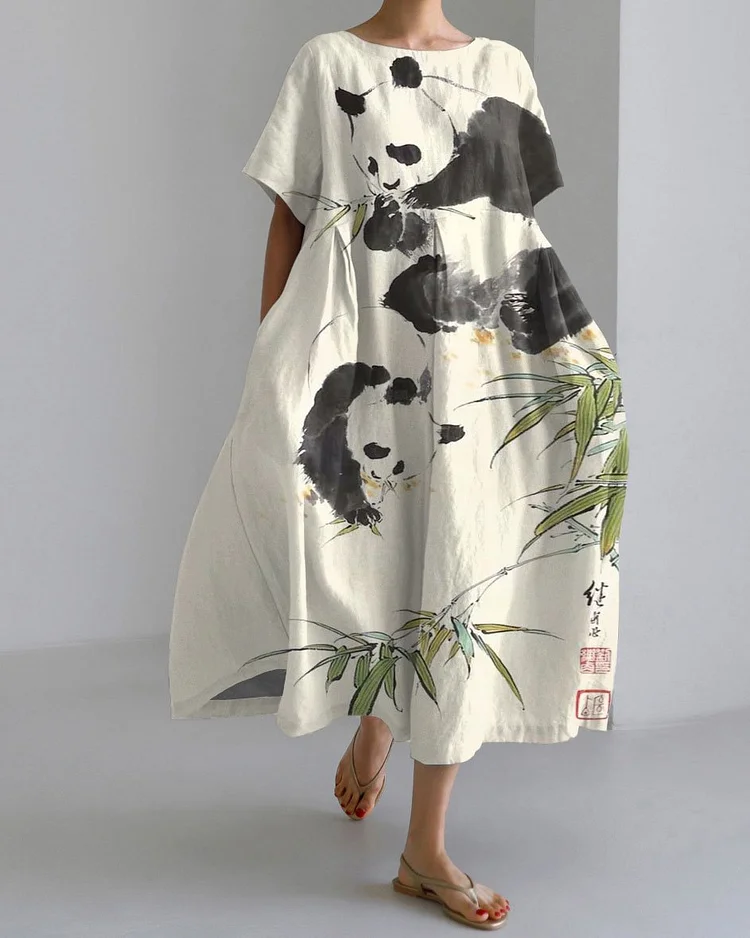 Cute Panda Ink Short Sleeve Midi Dress