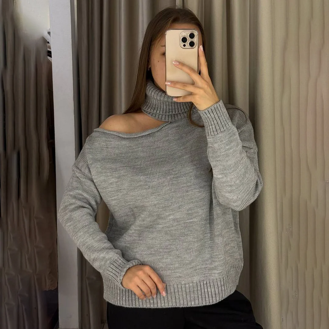 Athvotar Athvotar Enter The High-Collar Shoulder Sweater Unique Asymmetric Design Gentle Apricot Gray Color Optional Autumn And Winter Atmosphere