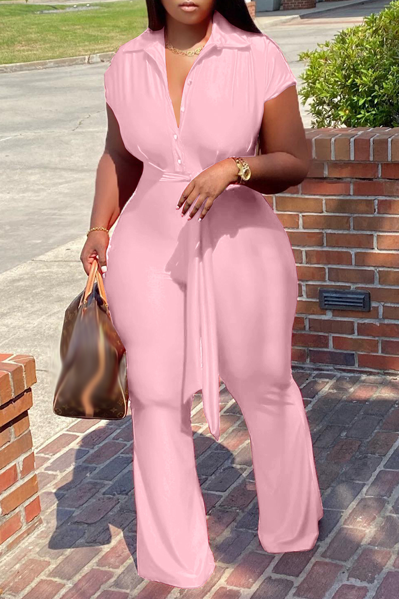 Pink Fashion Solid Bandage Turndown Collar Boot Cut Jumpsuits | EGEMISS