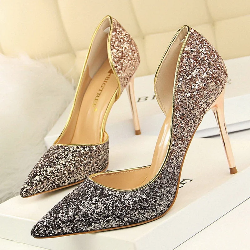 BIGTREE Shoes Sequins Woman Pumps Sexy Party Shoes High Heels Women Wedding Shoes Gold Silver Women Heels 9.5 Cm Ladies Shoes