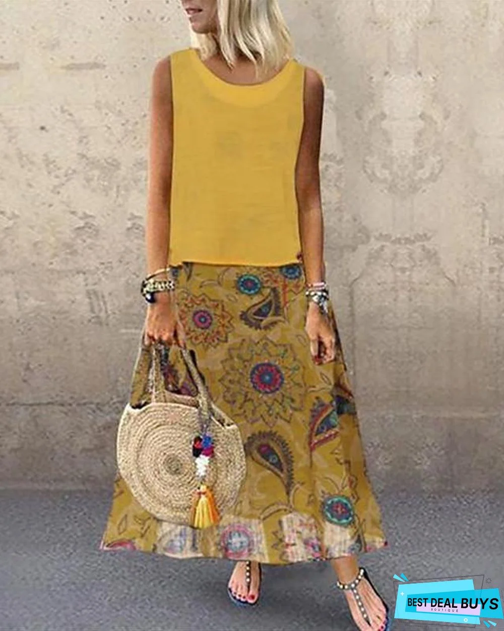 Women's A-Line Dress Maxi Long Dress Sleeveless Geometric Print Vintage Boho Blue Red Yellow Green