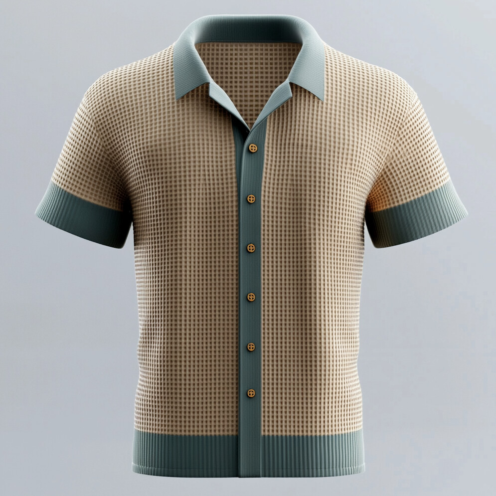 Men's Colorblock Textured Knit Camp Collar Short Sleeve Button Shirt