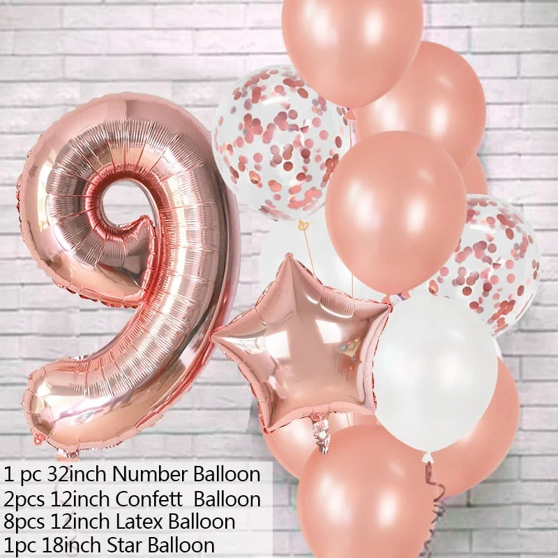12Pcs Rose Gold Number Foil Latex Balloons Kids Adult Birthday Party Decoration 1st Birthday Gril Boy Decor Baby Shower Balloon