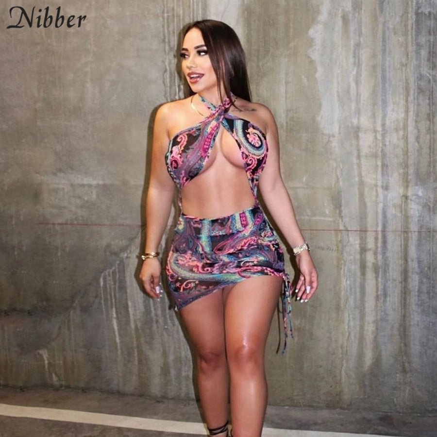 Nibber Vintage Colorful Printing Dresses For Women 2021 Summer Sexy Hollow Out Backless Bodycon Mini Dress Female Beach Clubwear