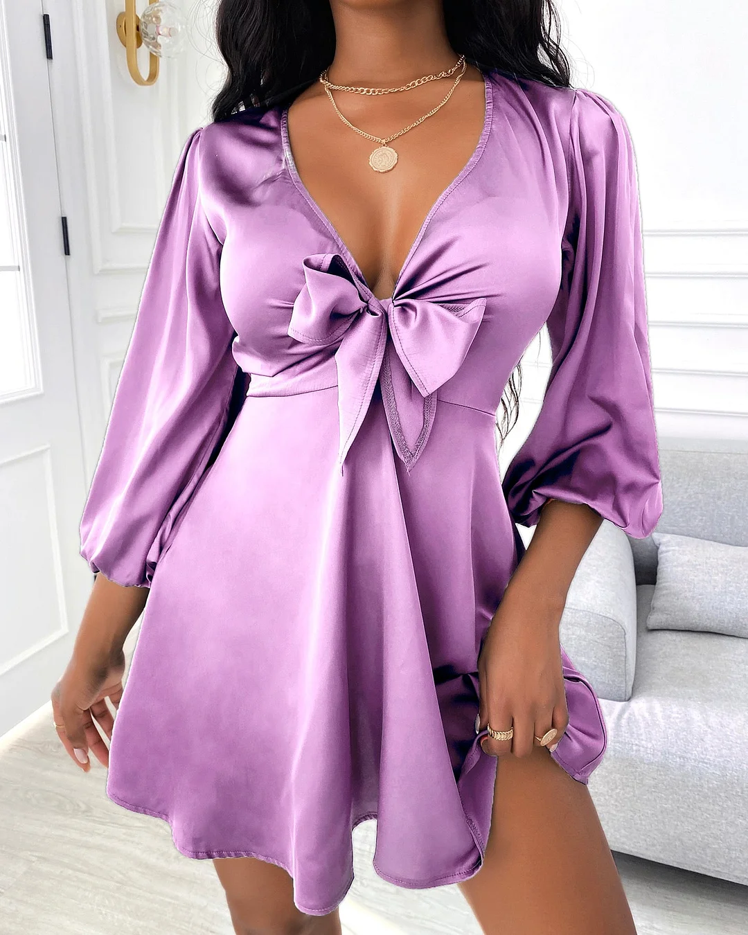 2022 Women's Mini Satin Puff Sleeve Plunge Tie Front Dress Solid Bow Summer Spring Party Casual Chic Sexy V Neck Dress