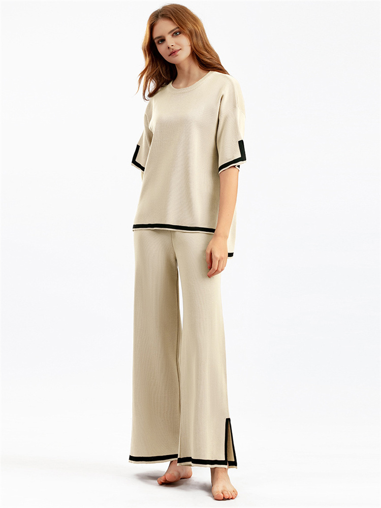 Ootddress Contrast Knit Trousers 2 Piece-Set Female Slim Patchwork Loose Casual Streetwear Pullover And Wide Leg Women's Pants Sets