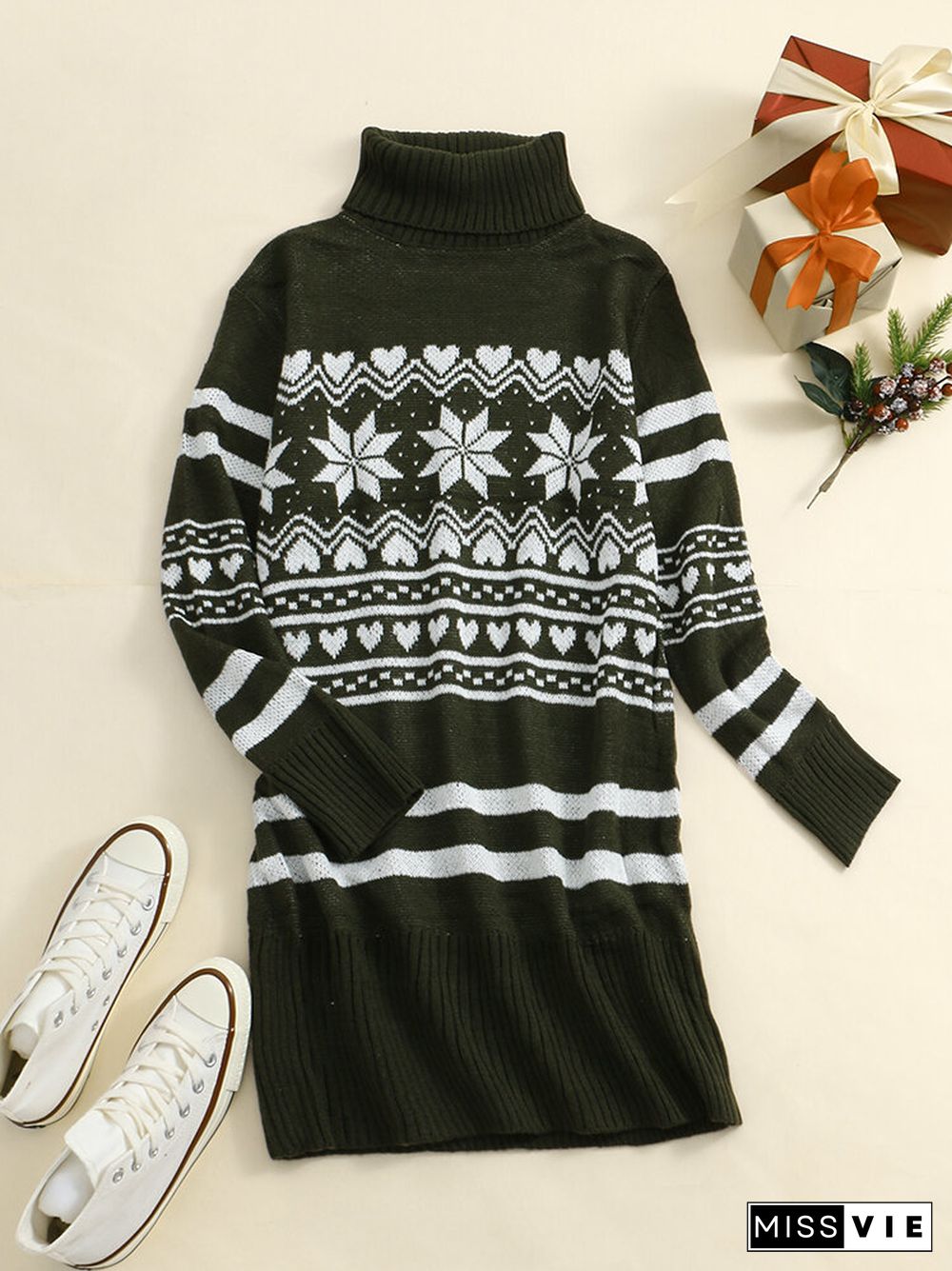 Christmas Snowflake Pattern Turtleneck Long Sleeve Knit Sweater