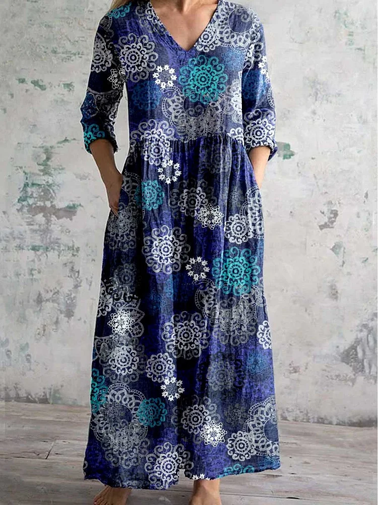 Women's Round Neck Seaweed Print Pattern Dress With Pockets