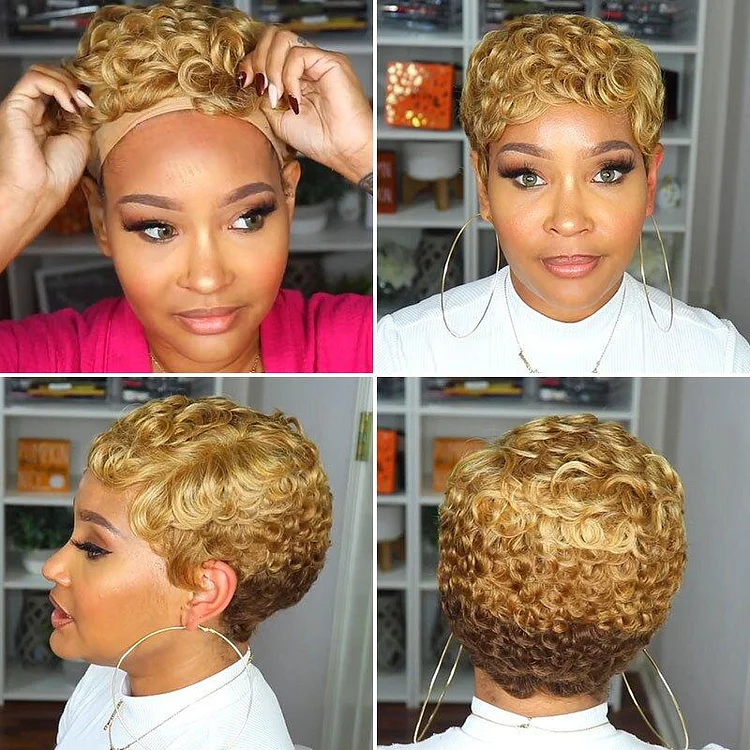 Short Hairstyle Curly Pixie Cut Bob Wig Glond Brown
