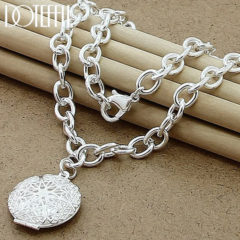 DOTEFFIL 925 Sterling Silver Round Photo Frame Pendant 18 Inch Chain Necklace For Women Jewelry
