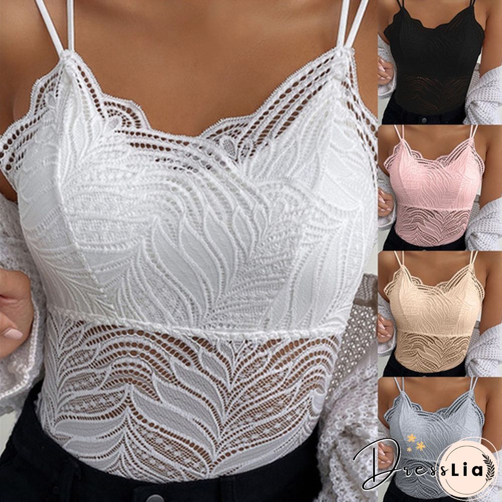 New Arrival Summer Fashion Women's Sexy V-Neck Spaghetti Strips Sleeveless Lace Vest Tops Solid Color Slim Fit Tank Top Plus Size