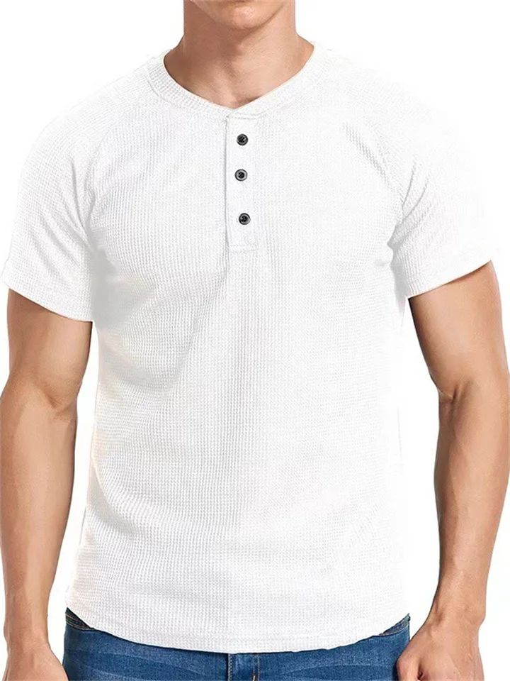 Men's Sports Casual Solid Color Tops Waffle Round Neck Buttons Shoulder Sleeve Short Sleeve T-shirt Men's Henley Shirt