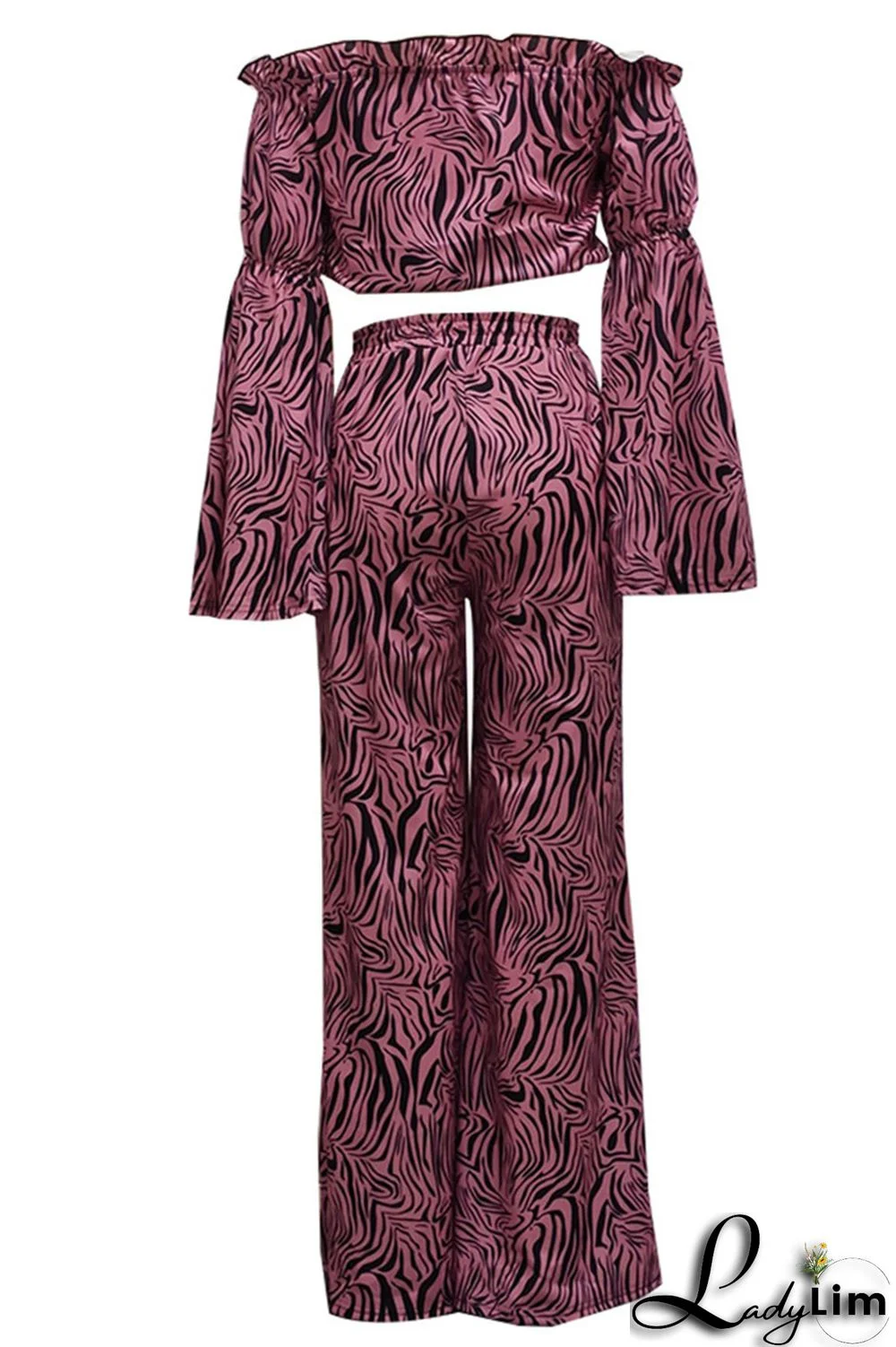 Pink Purple Fashion Casual Print Split Joint Off the Shoulder Long Sleeve Two Pieces