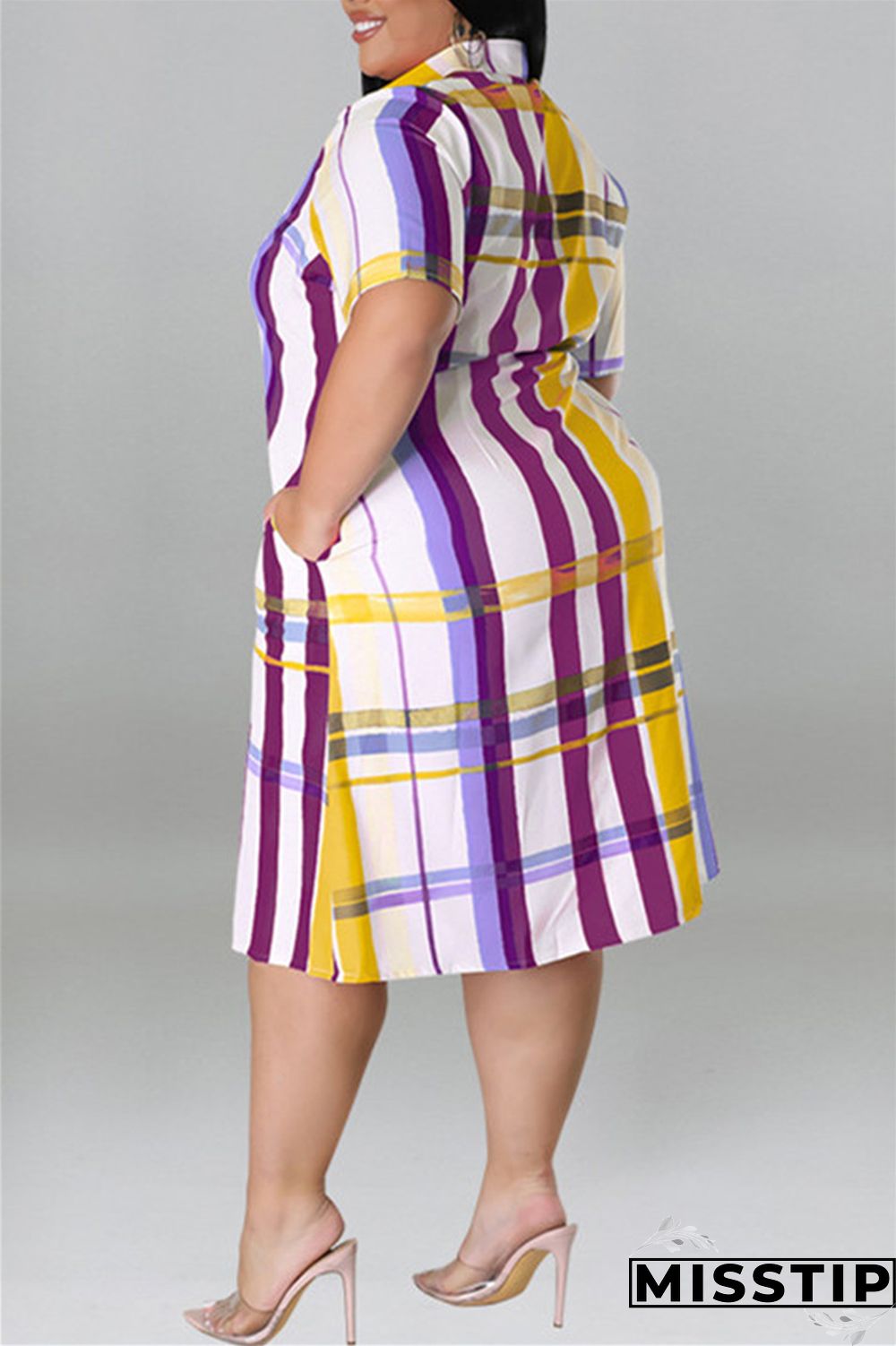 Blue Fashion Casual Plus Size Plaid Print Patchwork Turndown Collar Shirt Dress