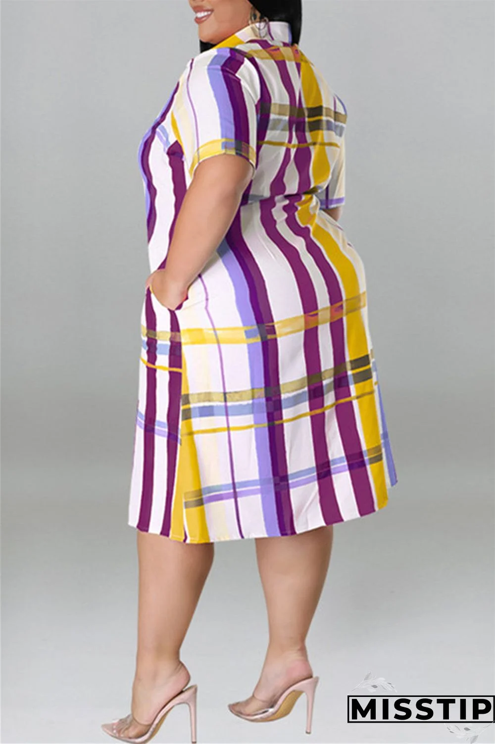 Blue Fashion Casual Plus Size Plaid Print Patchwork Turndown Collar Shirt Dress