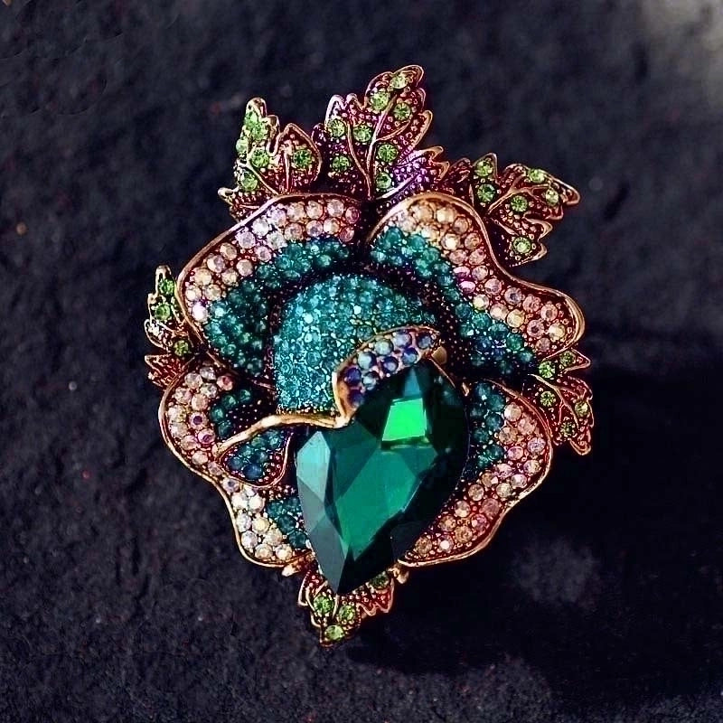 Retro Pin Flower Alloy Inlay Artificial Gemstones Crystal Women'S Brooches
