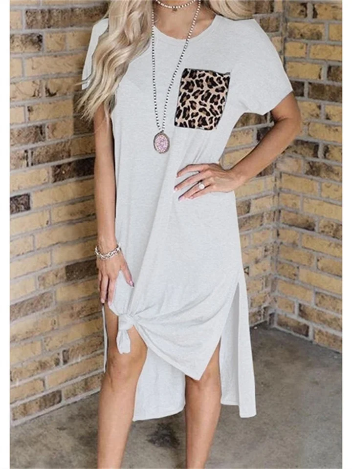Summer Leopard Print Pocket Splicing Open Casual Dress Short Sleeve Female