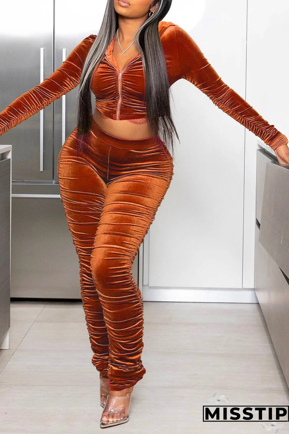 Black Street Solid Fold Hooded Collar Long Sleeve Two Pieces